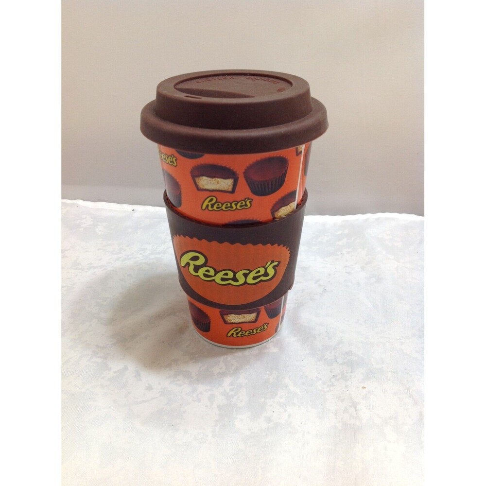 Reeses Peanut Butter Cup 16oz By Galerie Ceramic Coffee Travel Mug Silicone Lid